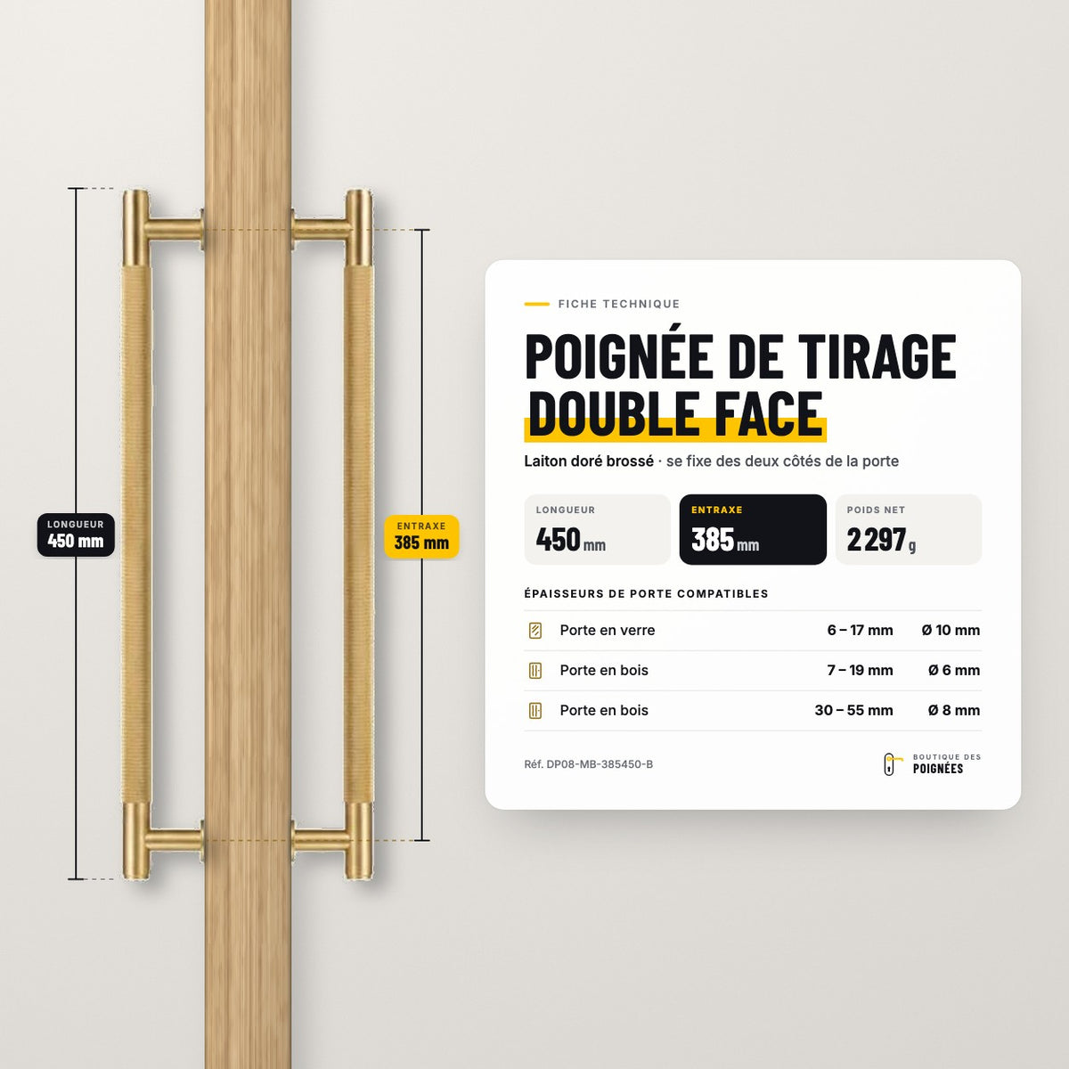 Fiche technique poignée de tirage double face 450 mm, entraxe 385 mm, laiton doré brossé