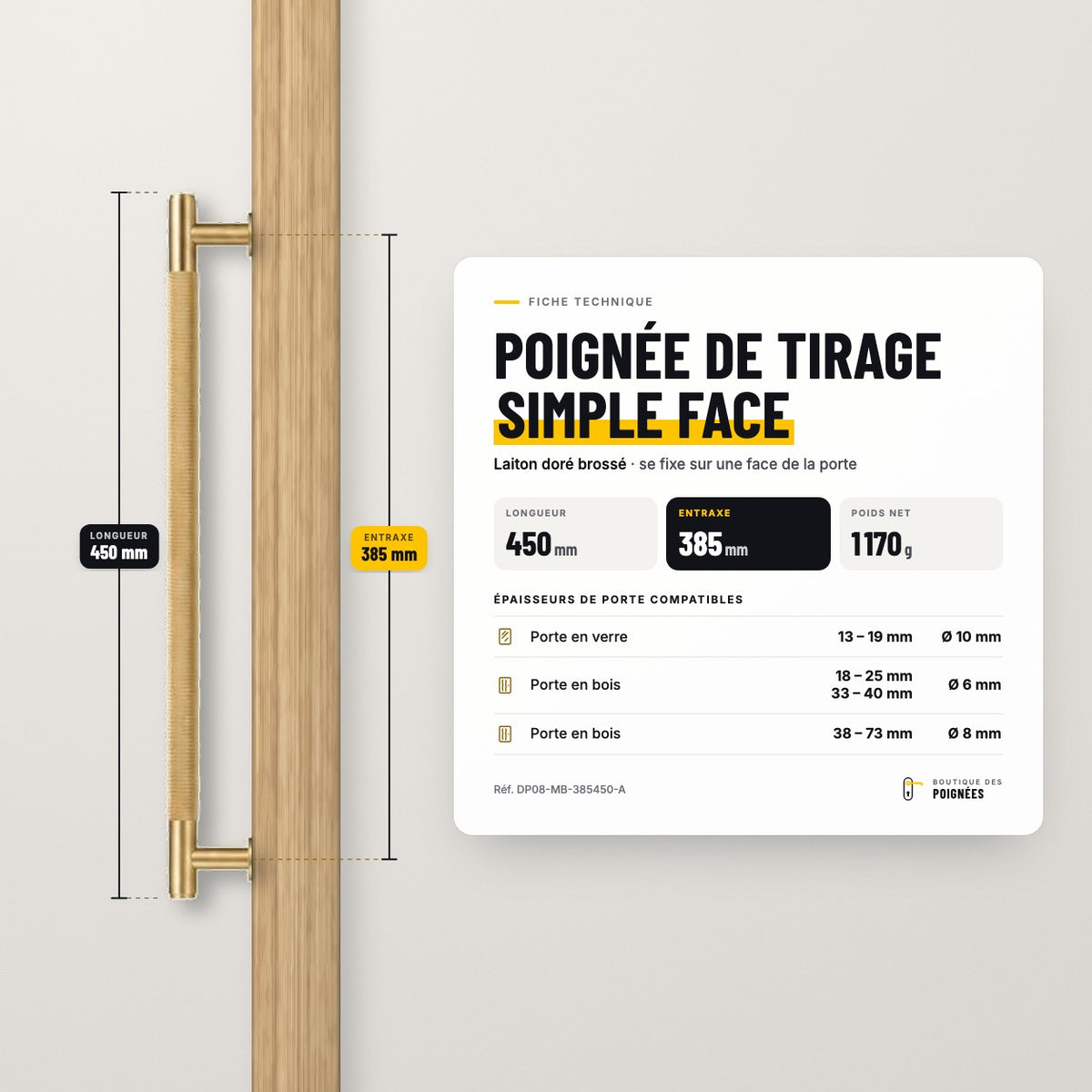 Fiche technique poignée de tirage simple face 450 mm, entraxe 385 mm, laiton doré brossé