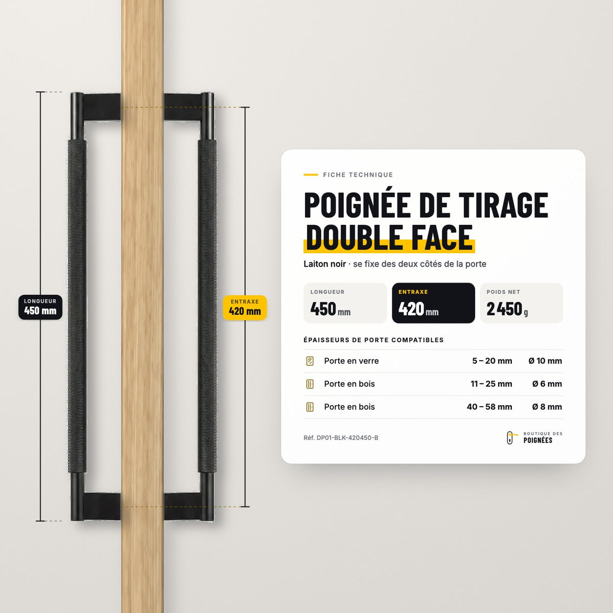 Fiche technique poignée de tirage double face 450 mm, entraxe 420 mm, laiton noir
