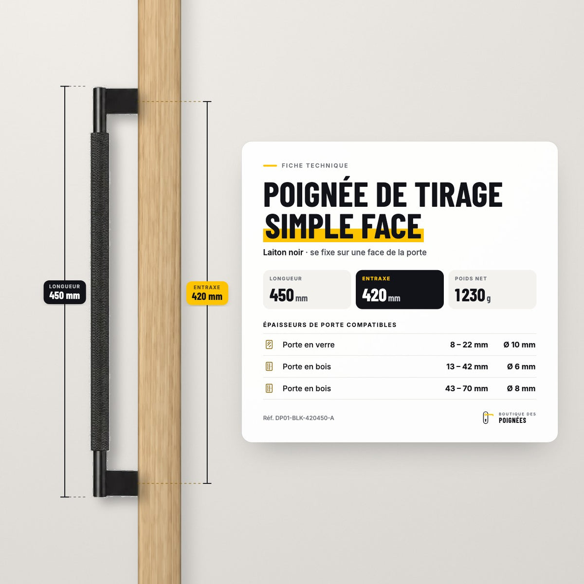 Fiche technique poignée de tirage simple face 450 mm, entraxe 420 mm, laiton noir