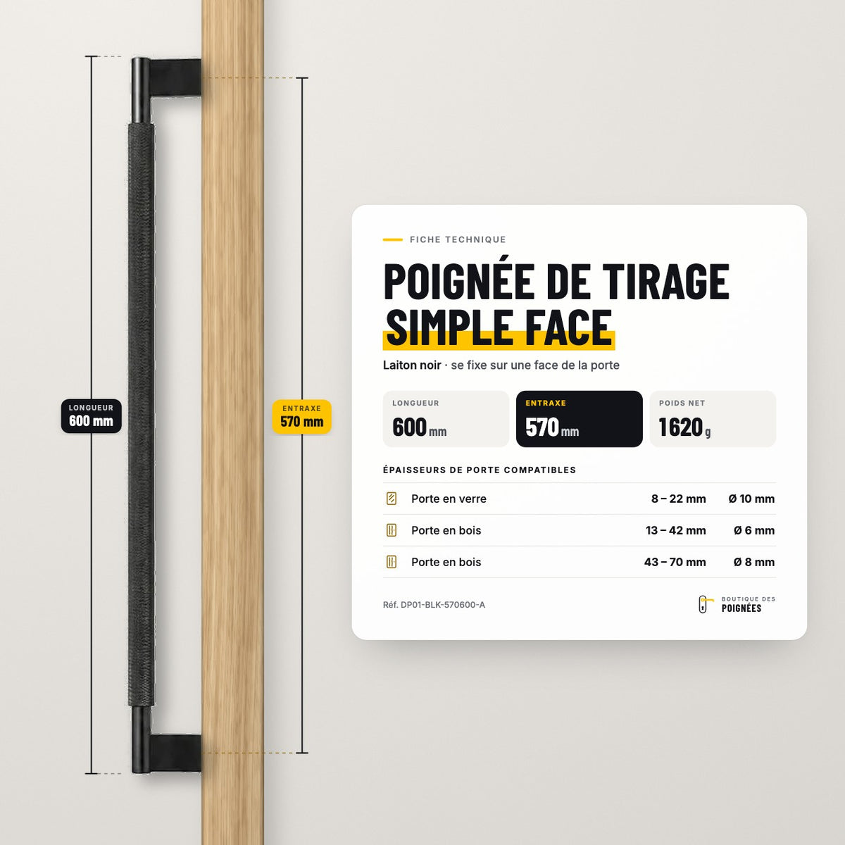 Fiche technique poignée de tirage simple face 600 mm, entraxe 570 mm, laiton noir