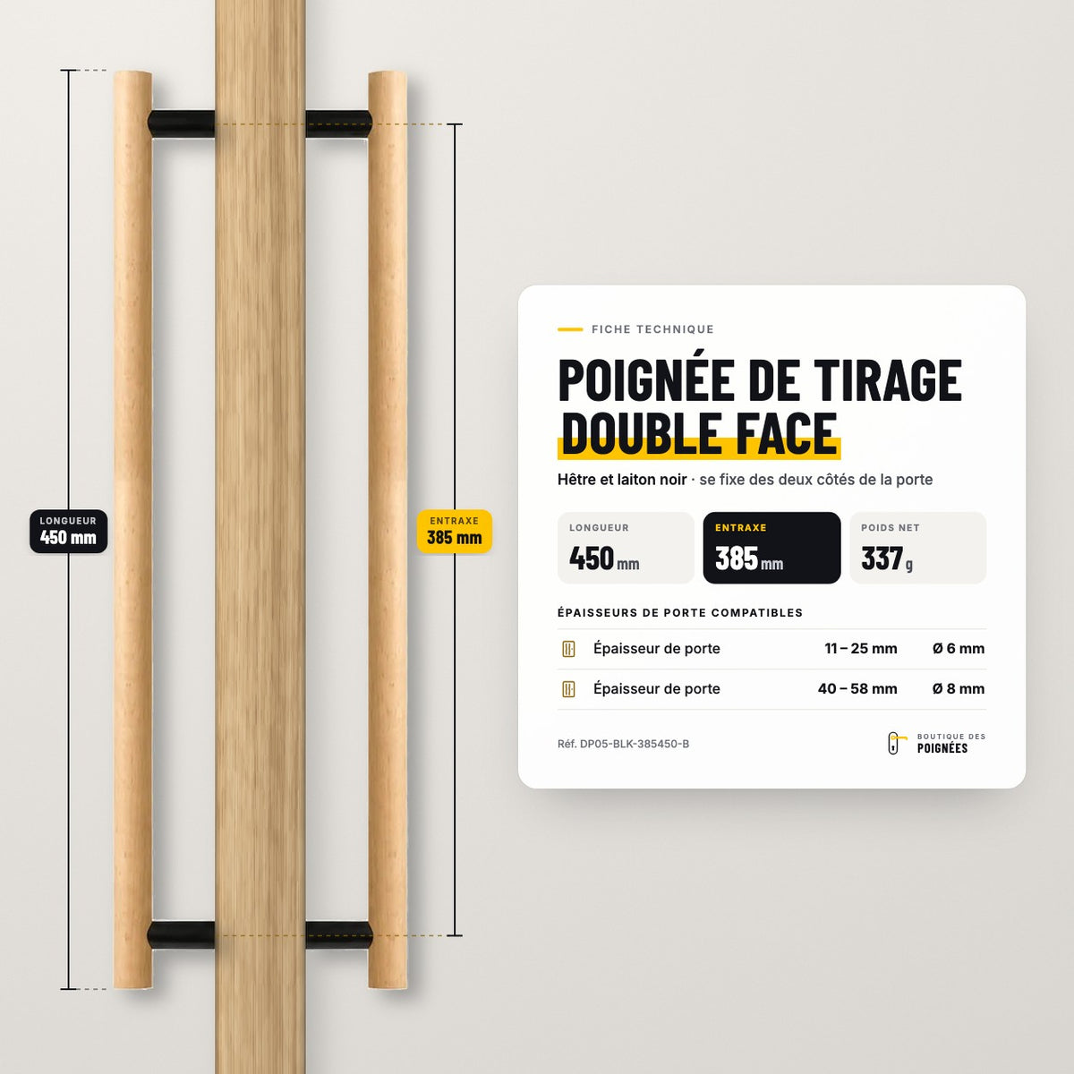 Fiche technique poignée de tirage double face 450 mm, entraxe 385 mm, hêtre et laiton noir