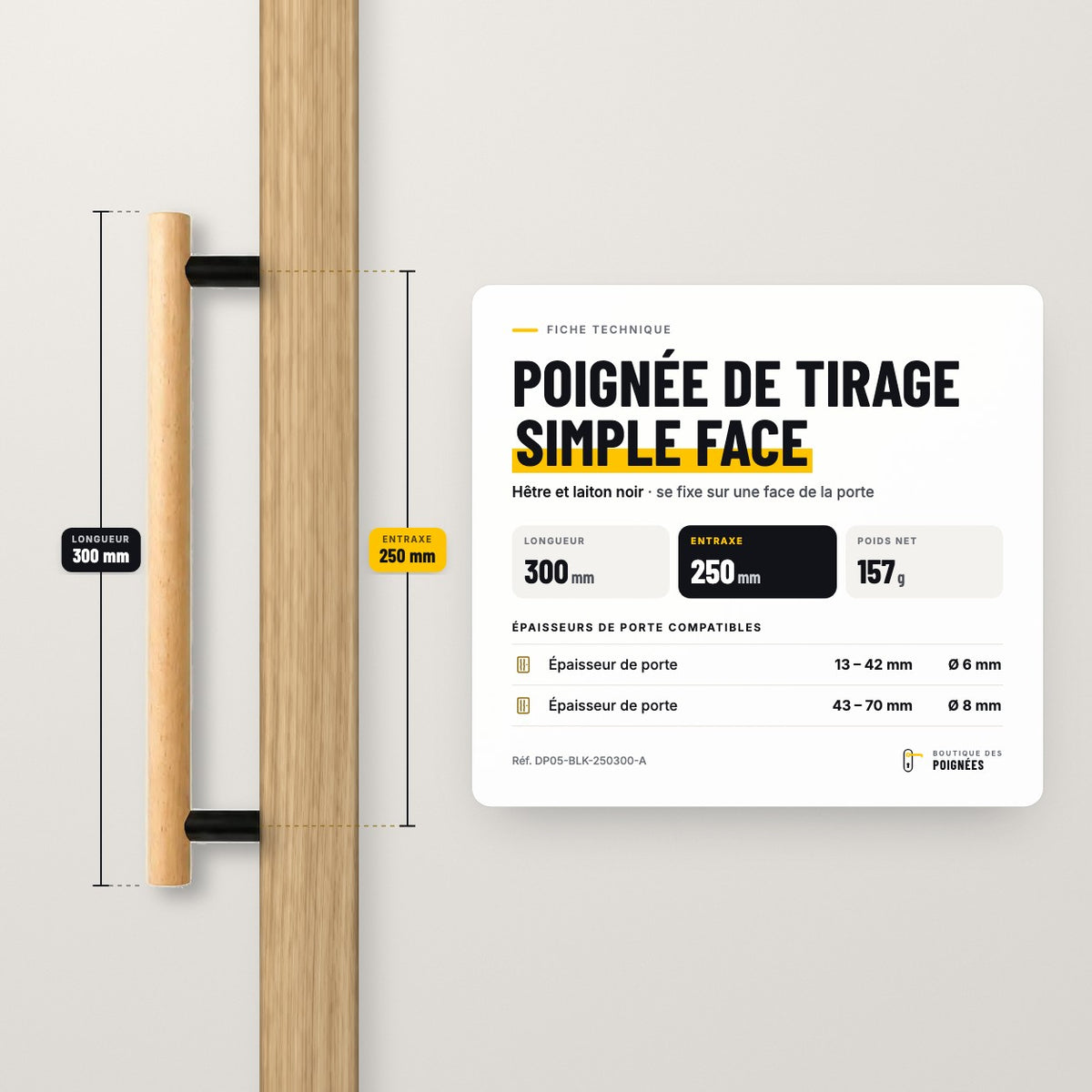 Fiche technique poignée de tirage simple face 300 mm, entraxe 250 mm, hêtre et laiton noir