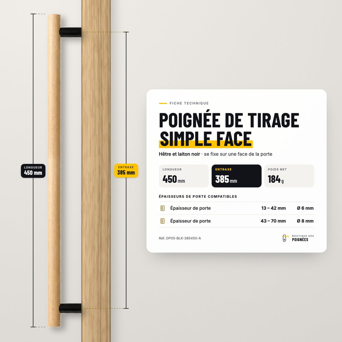 Fiche technique poignée de tirage simple face 450 mm, entraxe 385 mm, hêtre et laiton noir