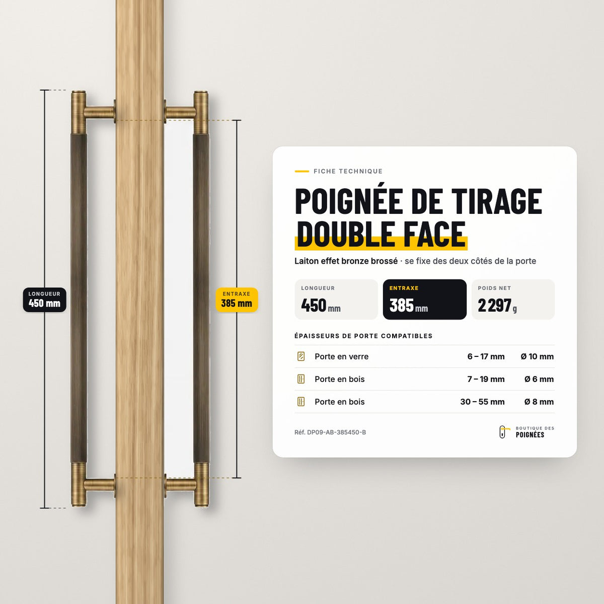 Fiche technique poignée de tirage double face 450 mm, entraxe 385 mm, laiton effet bronze brossé