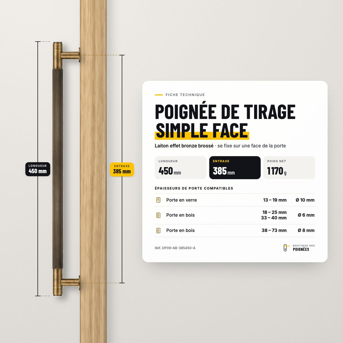 Fiche technique poignée de tirage simple face 450 mm, entraxe 385 mm, laiton effet bronze brossé