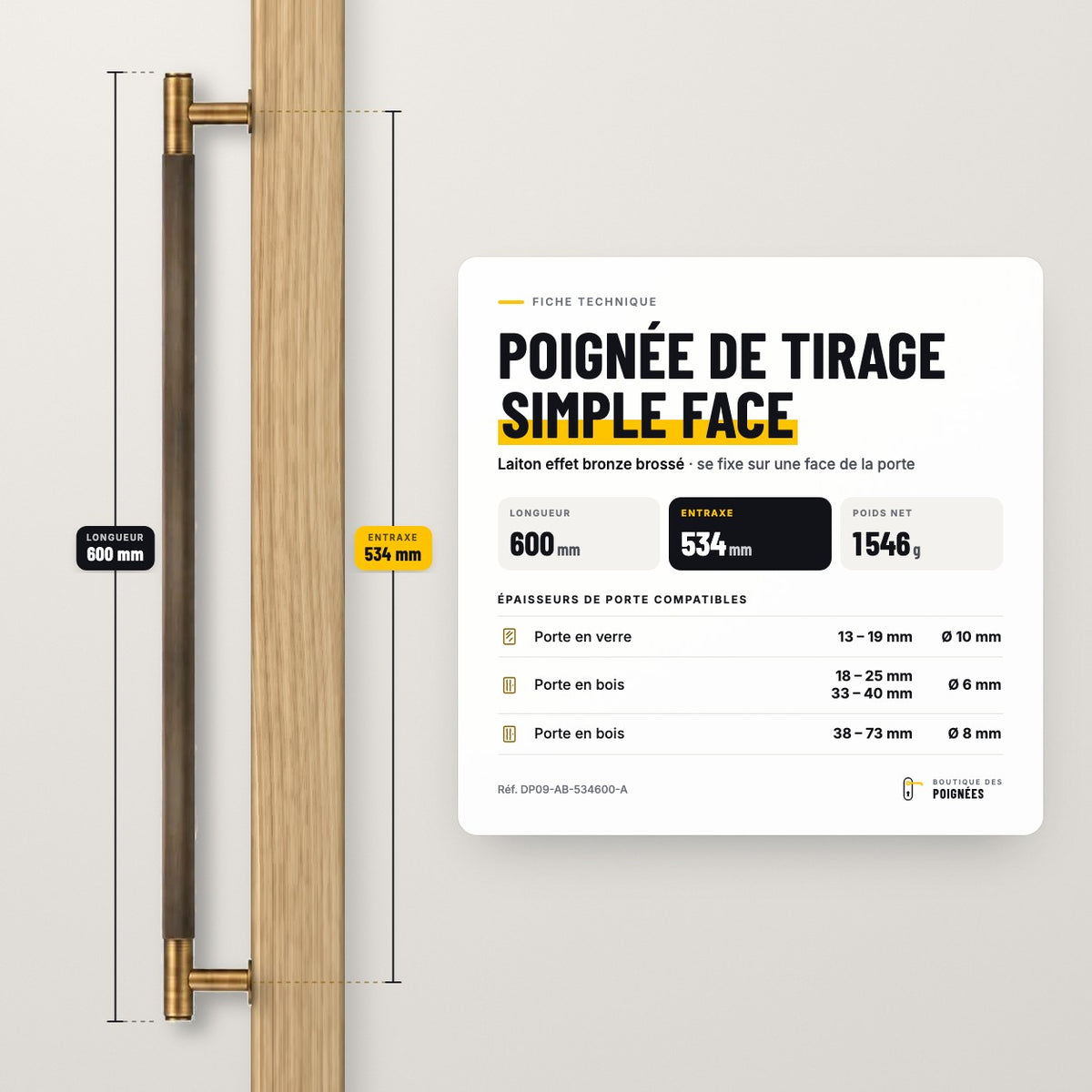 Fiche technique poignée de tirage simple face 600 mm, entraxe 534 mm, laiton effet bronze brossé