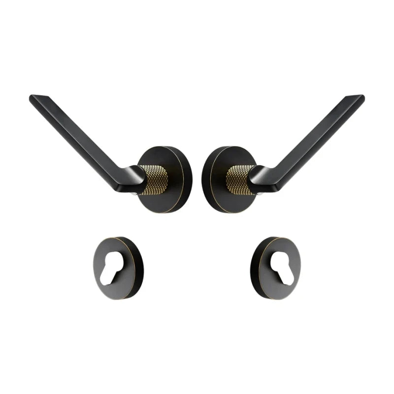 Poignée de porte en laiton à col moleté, lignes graphiques - Noire